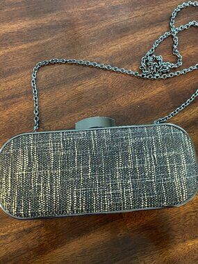 Colette Women's Fabric Black Gold Metal Clutch Purse Bag 9" x 4"!